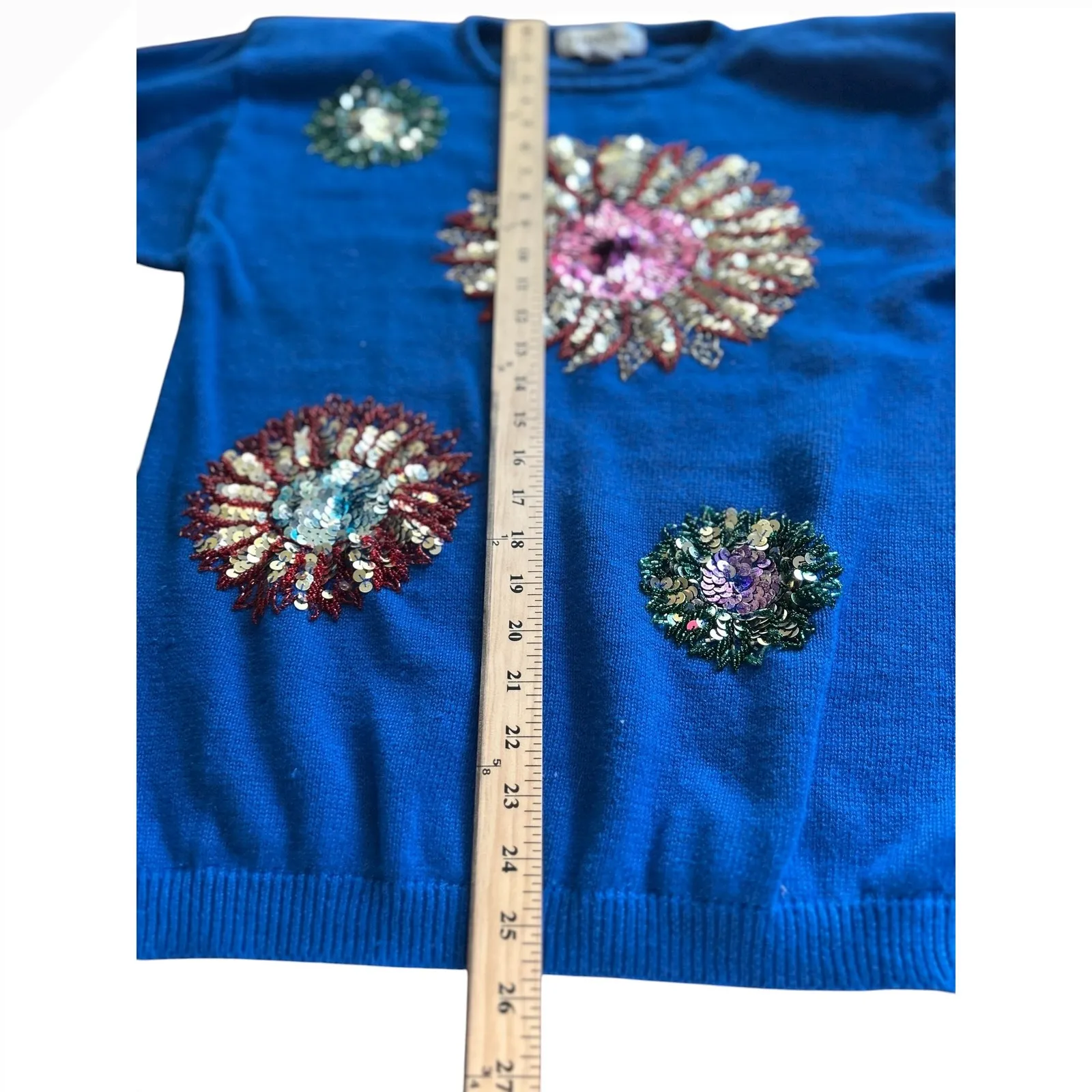 Celina Yang Blue Sequin Embellished Floral Knit Sweater Top Women's Size L Size L - Image 5