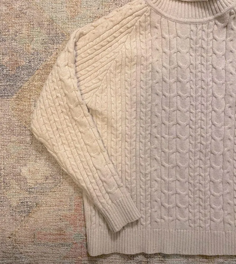 Chunky Cable Knit Turtleneck Sweater in Oatmeal - Image 4