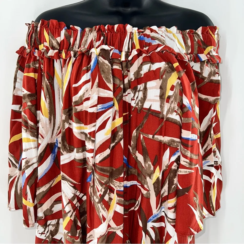 Entro Off the Shoulder Tropical Floral on Rust Swing Dress w/3/4 Sleeves-Size S - Image 2