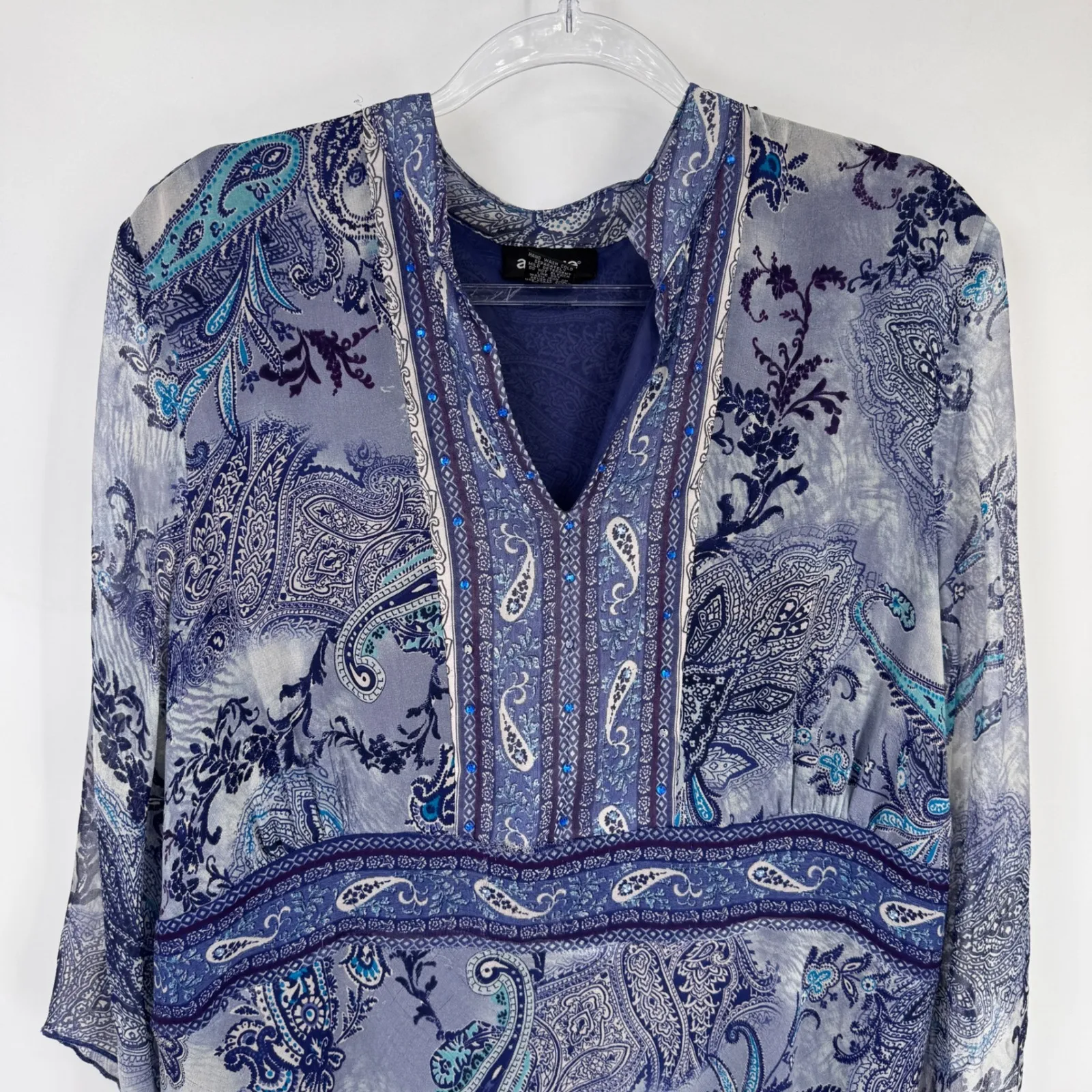 Avenue Paisley Silk Blouse Plus Size 22/24 Blue Whimsigoth Fairy‎ Bell Sleeve - Image 2
