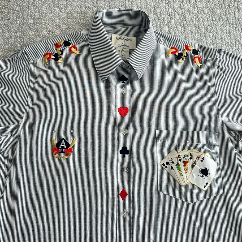Vintage Fabrizio by Afiva Playing Cards Pinstriped Button Down Shirt Size S Gray - Image 4