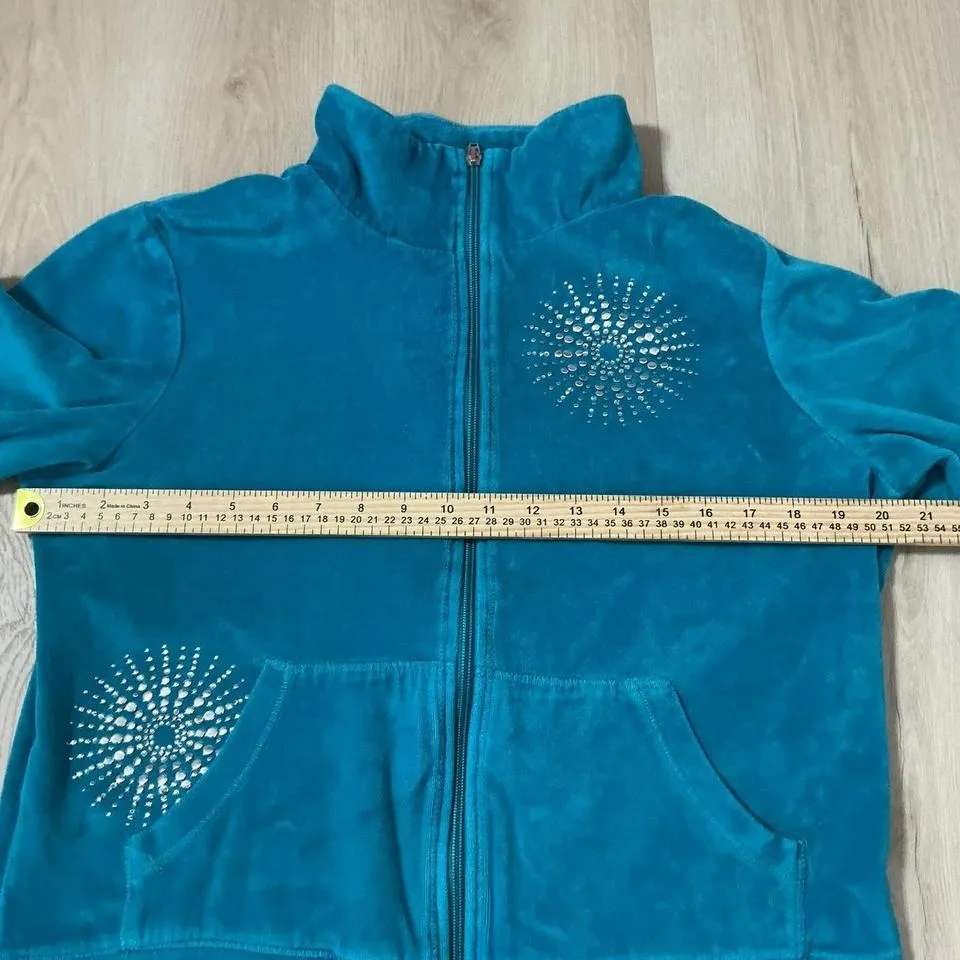 SEVENTH AVENUE Teal Velour Y2K Tracksuit Set Rhinestone Embellished 2 piece Set Size L - Image 3