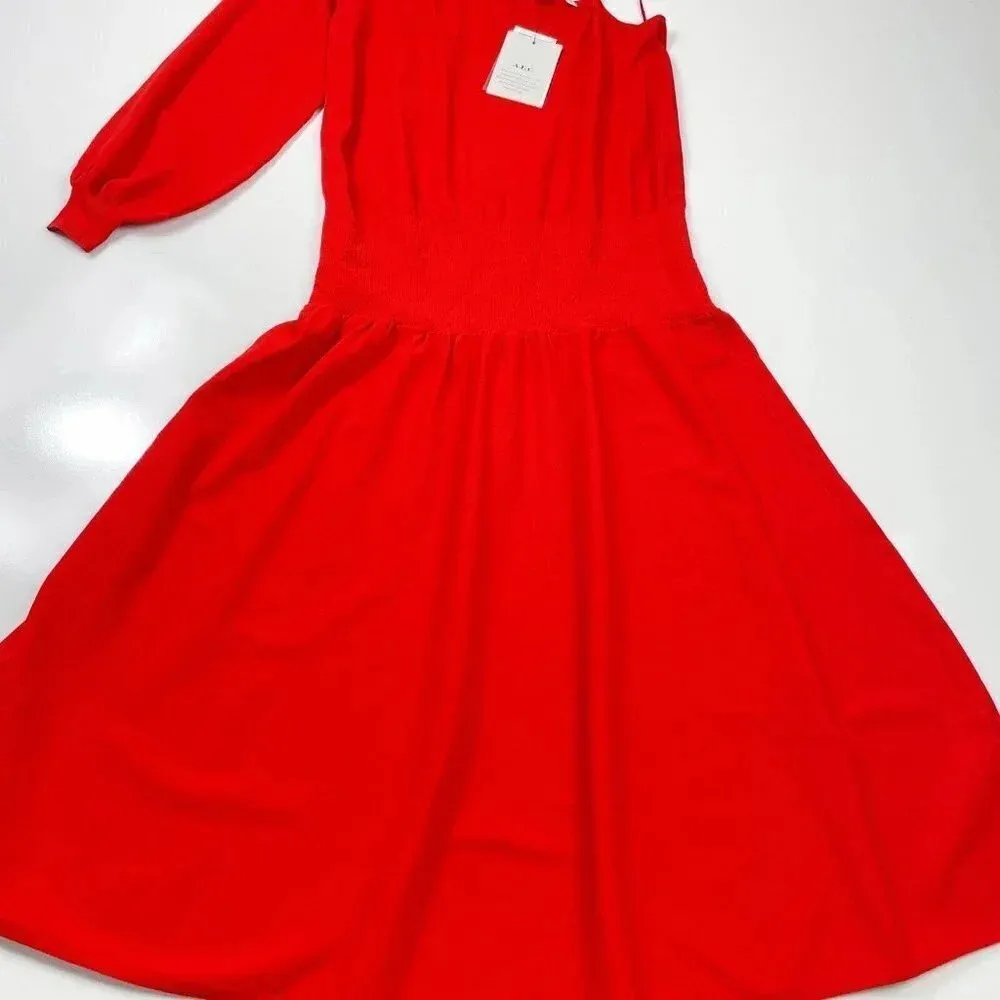 A.L.C. POPPY Red SHARA One Shoulder Blouson‎ Sleeve Knit Midi Skirt Dress Small - Image 4
