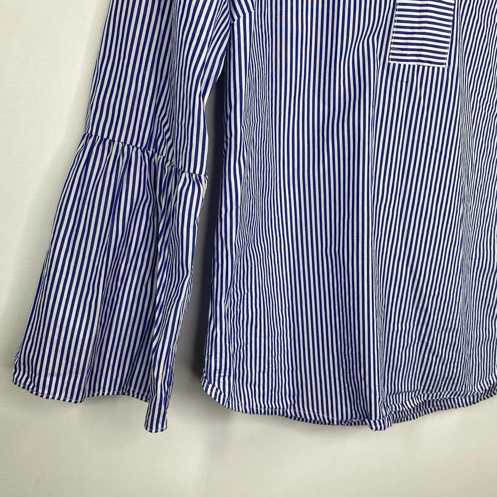 J.Crew Womens Blue Striped Top V Neck Bell Sleeve Size 4 Office Career Casual - Image 3
