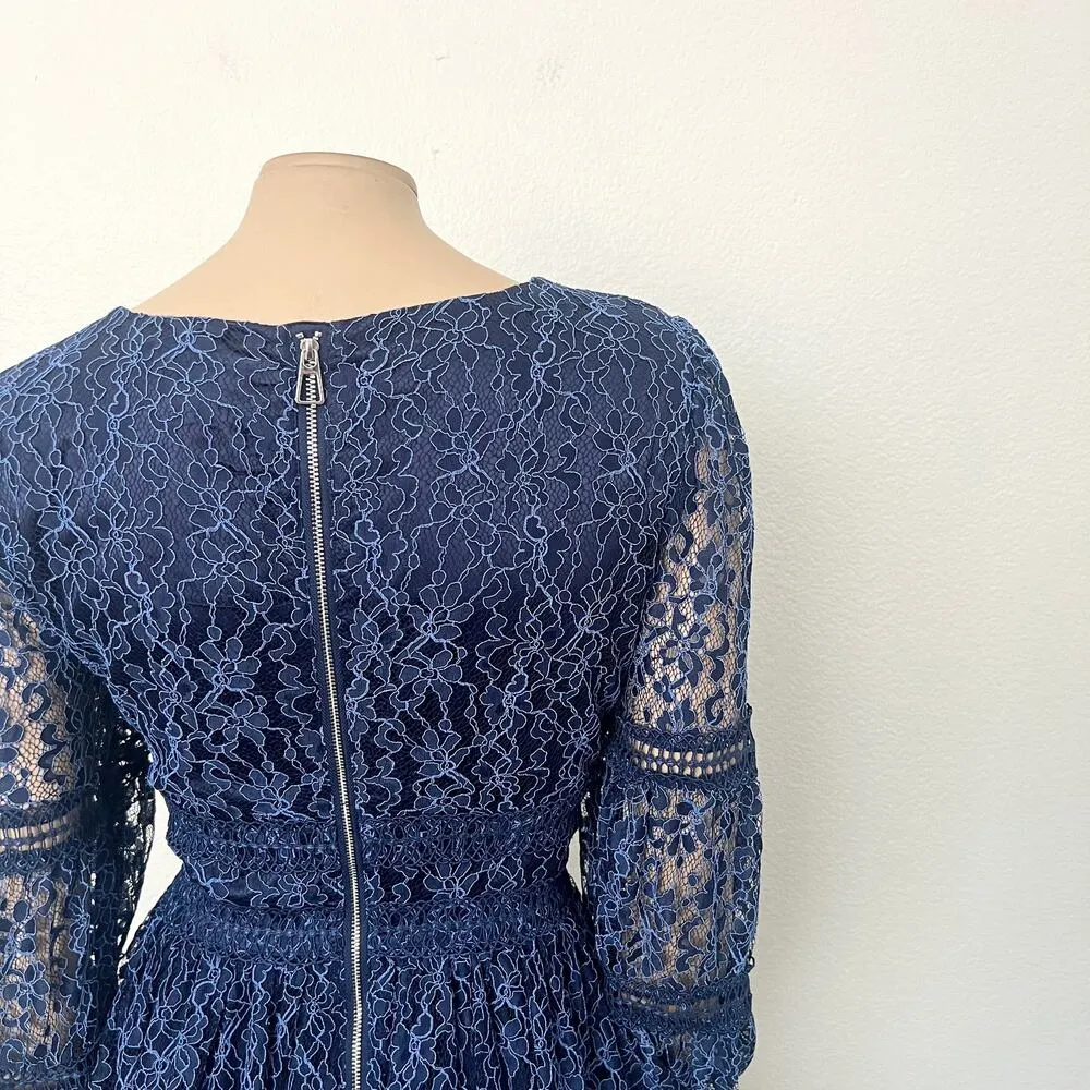 [Bardot] Navy Blue Deep V-Neck Venice Floral Lace Tiered Mini Dress Size Large L - Image 10