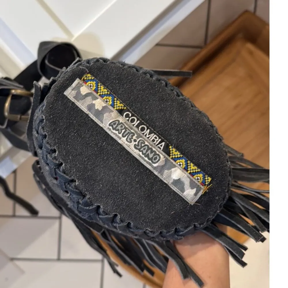 Columbian Arte Sano blue suede fringe bucket bag hippie western indigenous - Image 7