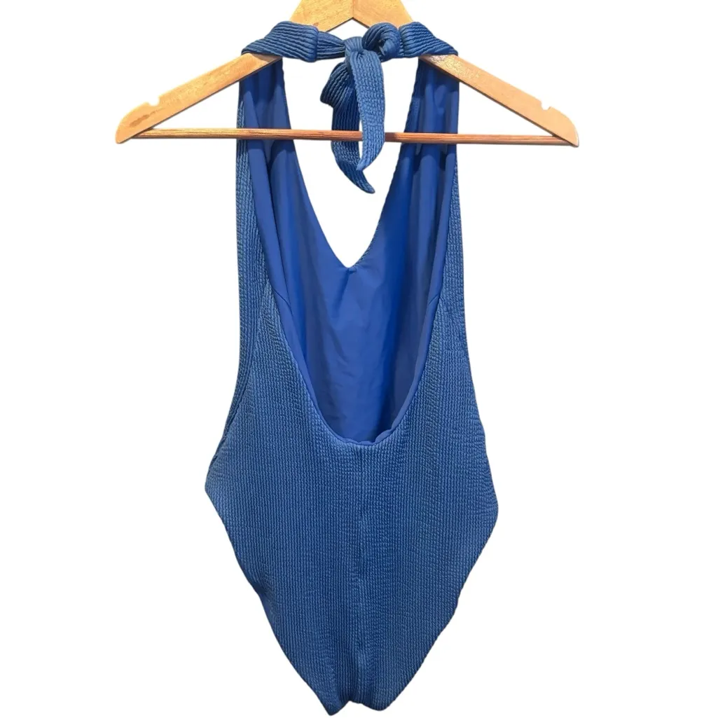 Veronica Beard Women's Blue Salis Textured Halter One-Piece Swimsuit Size Large - Image 3
