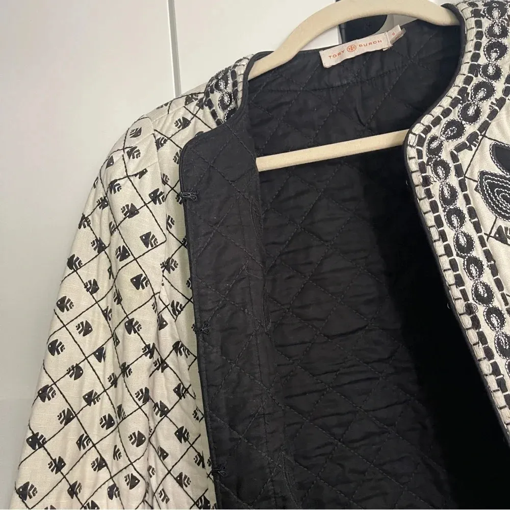 Tory Burch Jacket Quilted Tilda Embroidered Fish Floral Jacket Patchwork Ivory - Image 4