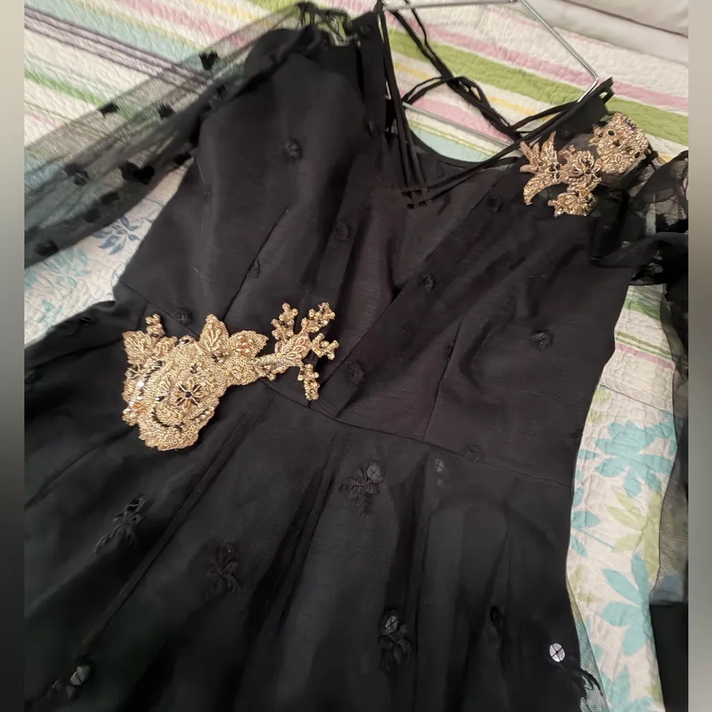 Pakistani Designer Black Dress Gown with Gold Accents - Image 11
