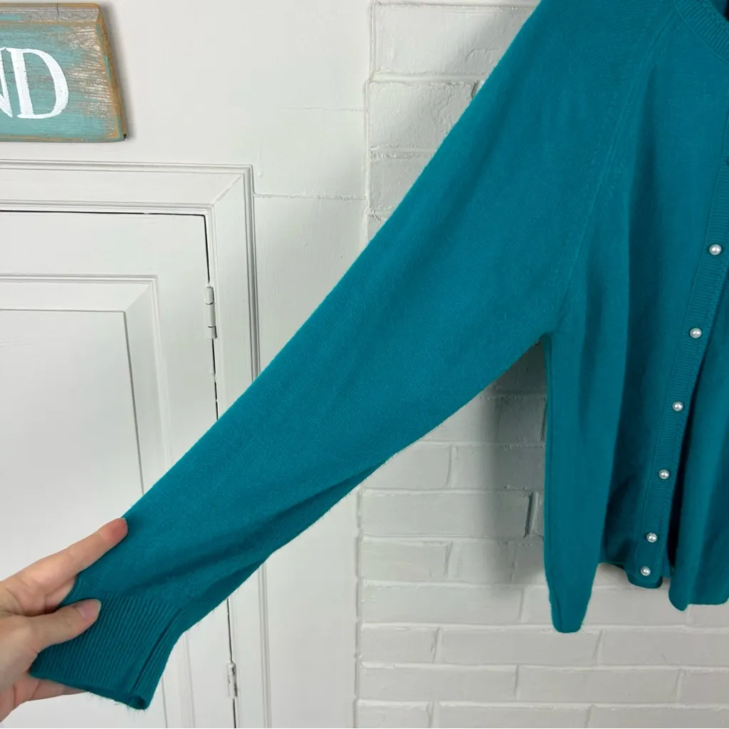 Vintage Designers Originals Teal Knit Faux Pearl Button Cardigan Sweater Size M Blue Size M - Image 4