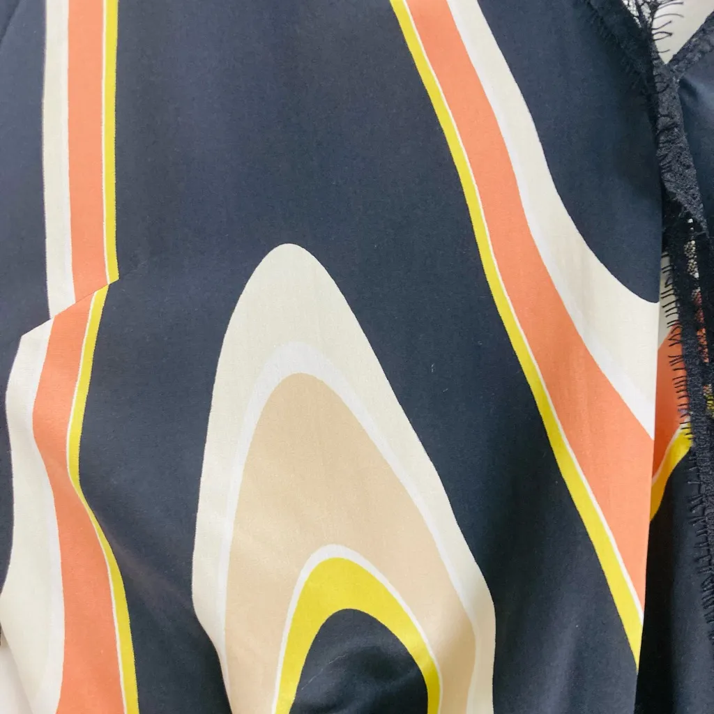 Skunkfunk mod print black orange yellow lace trim silk mini dress with v - Image 7