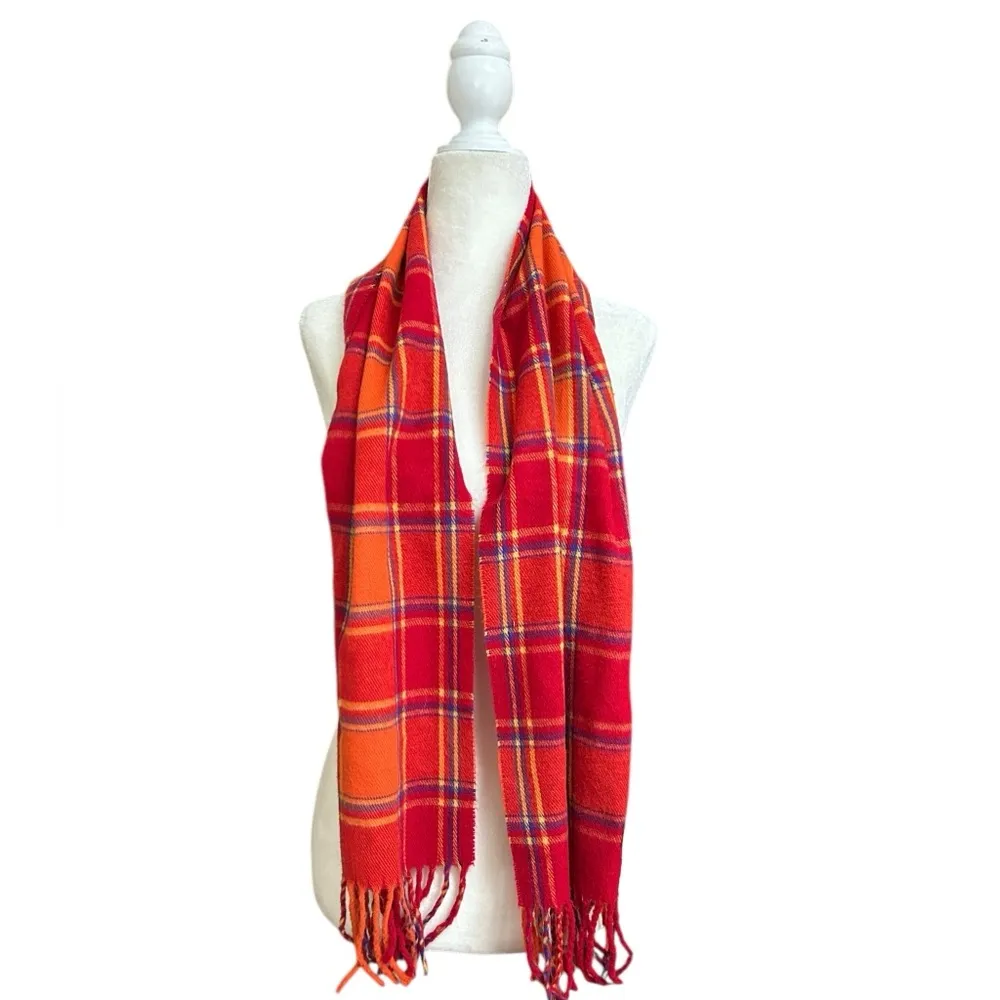Vintage Nova Check Scarf Tartan Plaid Fringe Made In Italy 60” Orange - Image 4