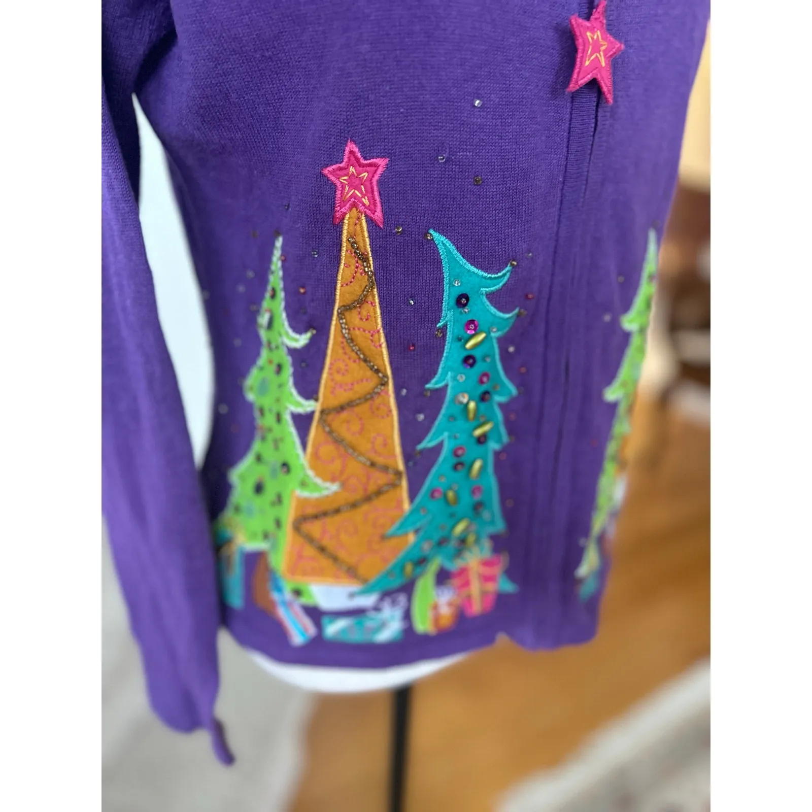 Vintage 90s Whimsical Purple Green Pink Orange Teal Christmas Tree Zip Sweater - Image 5