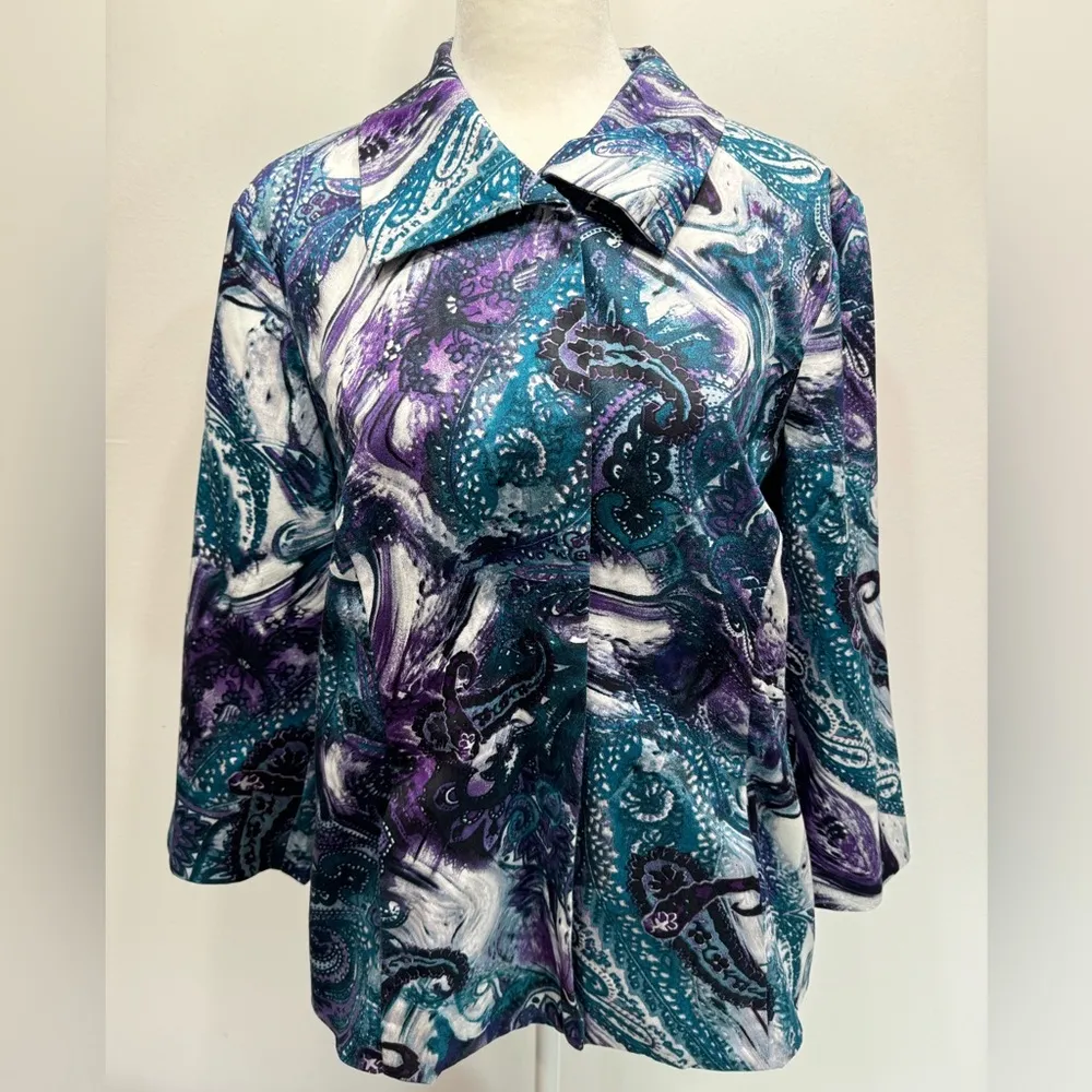 Chico’s Purple Turquoise & Gray Paisley 3/4 Sleeve Snap Front Collared Jacket - Image 5