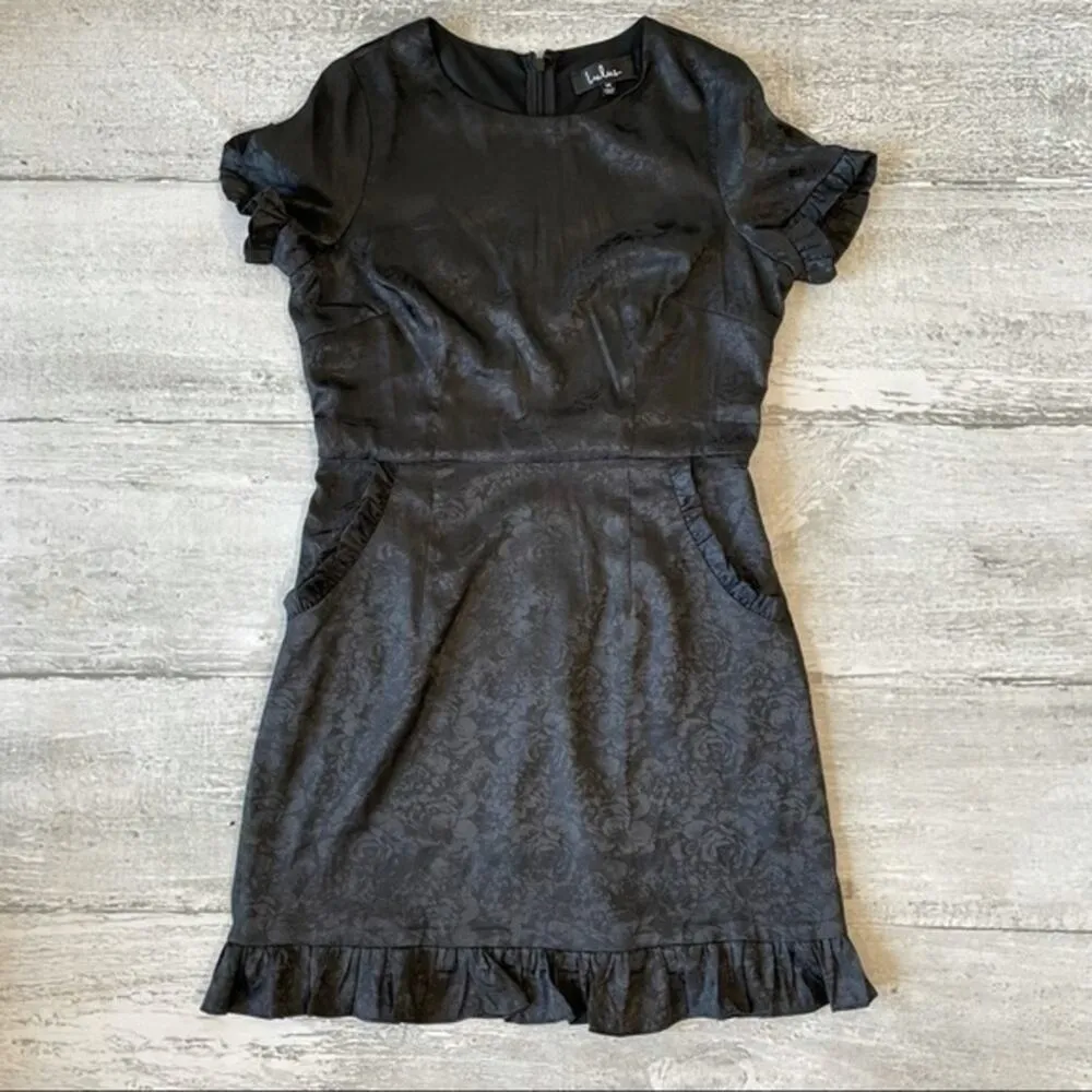 Lulus Black Short Dress Medium Pockets Ruffle Embossed Roses - Image 3