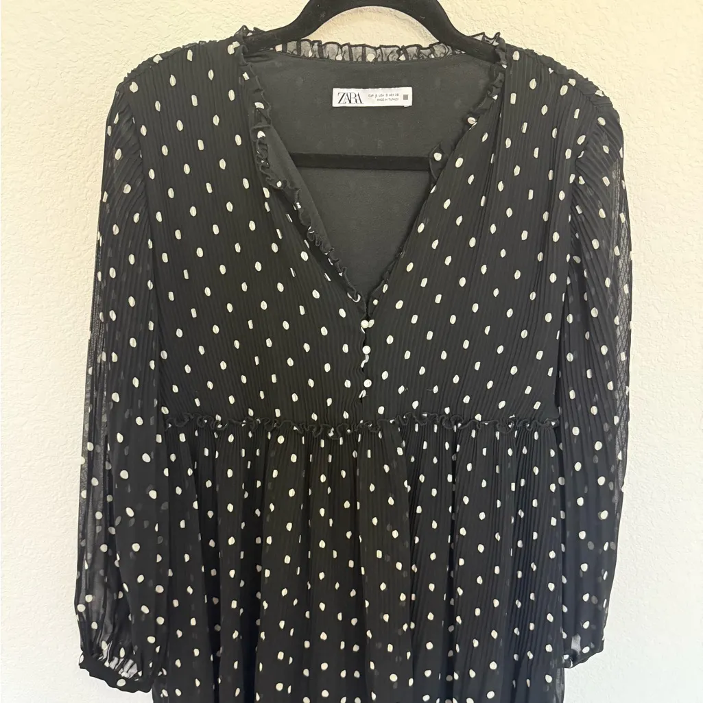 ZARA Long Sleeve Babydoll Mini Dress Black and White Polka Dot Chiffon Small - Image 4