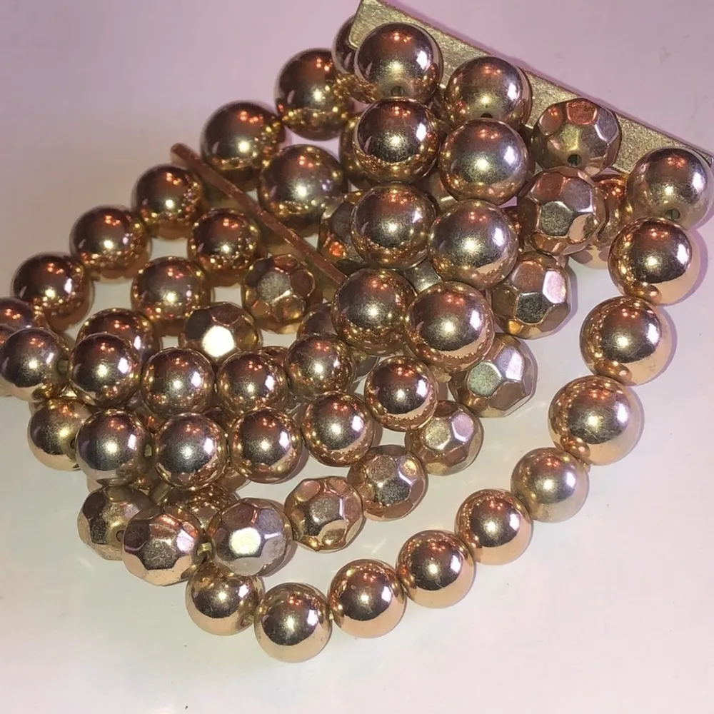 Gold Tone Beaded CZ Rhinestones Chunky Retro Boho Stretchy Bracelet - Image 3