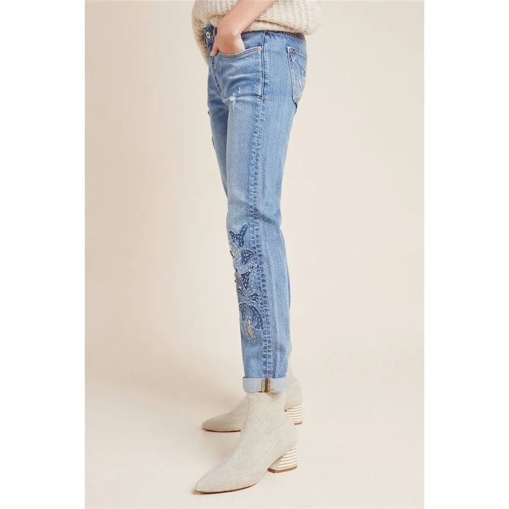 Anthro Pilcro Slim Boyfriend Embroidered Patchwork Floral Jeans Size 28 - Image 4