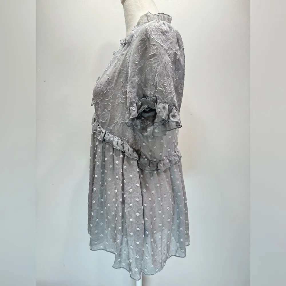 POL Silver Gray Sheer Swiss Dot Floral Lace Babydoll Top Frills Ruffles Fairy - Image 3