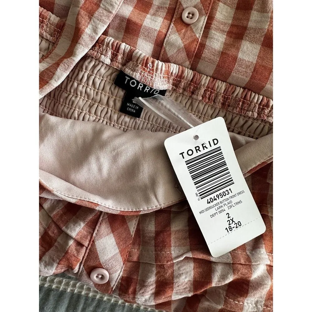 Torrid Gingham Seersucker Midi Dress Peachy Pink Button Front Size 2 NWT - Image 3
