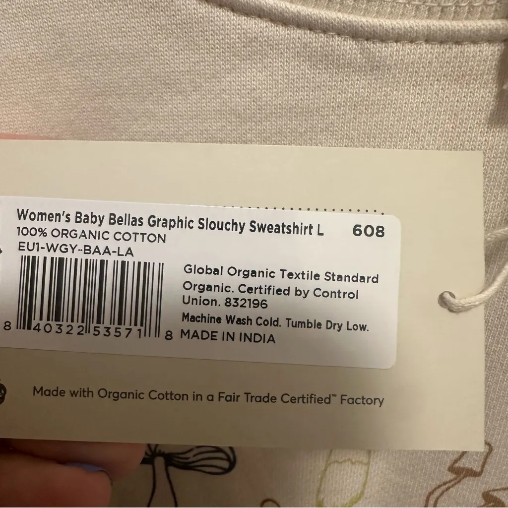 PACT 100% Organic Cotton Baby Bellas Mushroom White Slouchy Sweatshirt Size L - Image 4