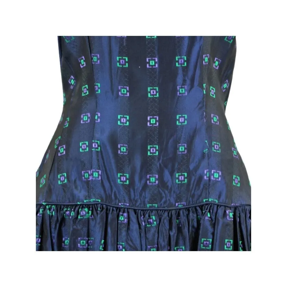 1950s Navy Blue Day Dress Purple Green Geometric Print Size Small - Image 4