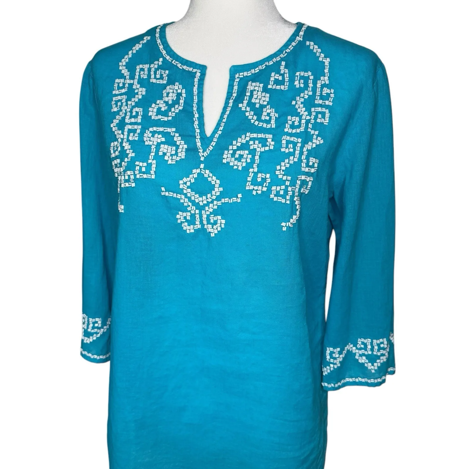 Chicos Small Linen Cotton‎ Tunic Top Beaded Turquoise Shirt Coastal Western - Image 4