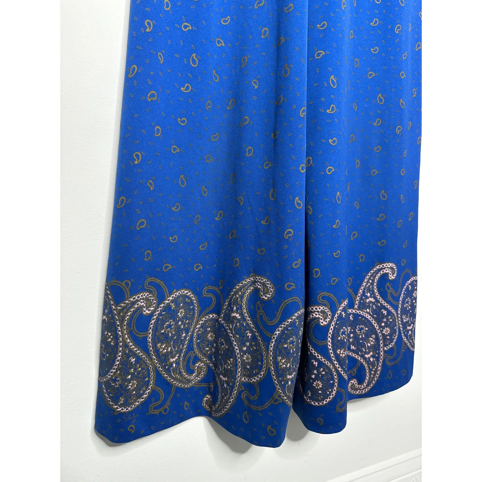 1970s Alfred Shaheen Blue Paisley Jumpsuit Set w Fringe Shawl medium - Image 8