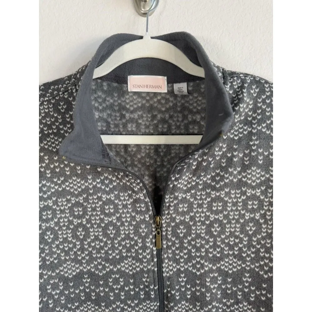 Stan Herman Fleece Jacket Women's Large Geometric‎ Gray Zip Up Mock Neck Casual - Image 9