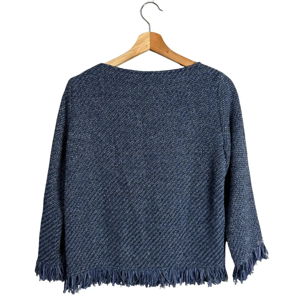 Maje Latino Fringed Sweater Pullover Womens 2 Medium Blue Tweed Coastal Designer - Image 3