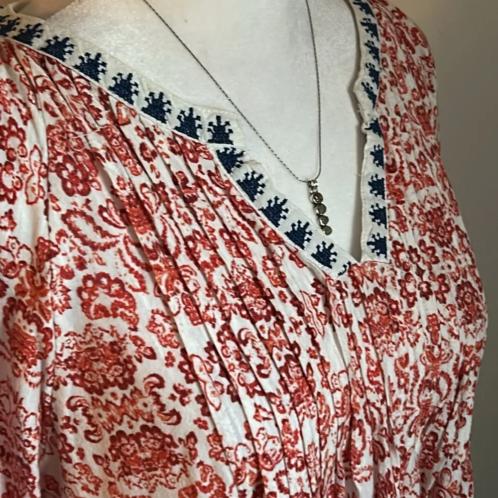 Vintage America Boho Pleated Notch Neck Oversized Peasant Blouse Blue Size M - Image 6