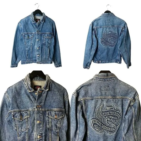 90s Vintage Harley Davidson Motorcycles Womens Medium Blue Denim Jacket Eagle M - Image 2