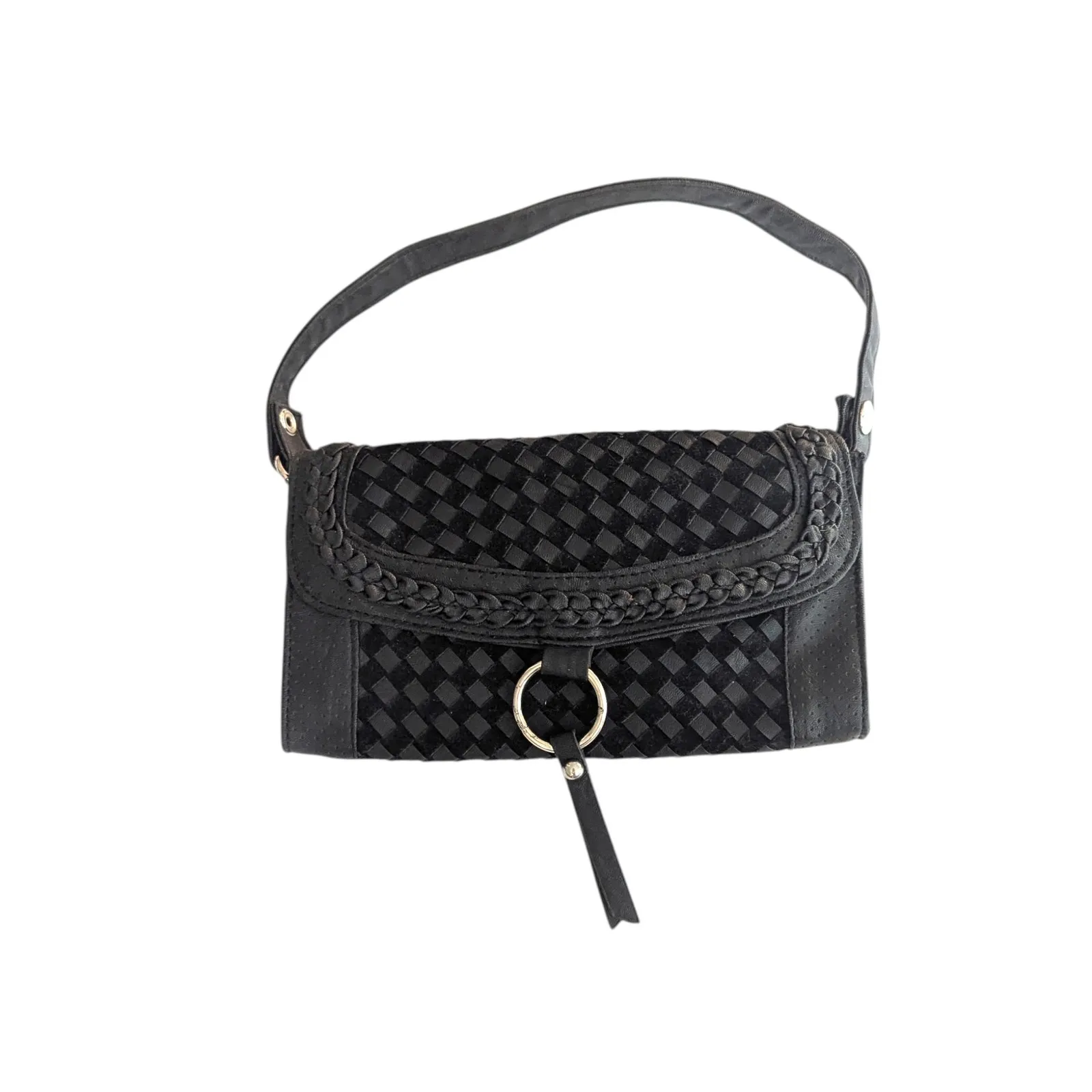 Vintage Y2K Black Leather Woven Hobo Mini Shoulder Bag Boho - Image 10