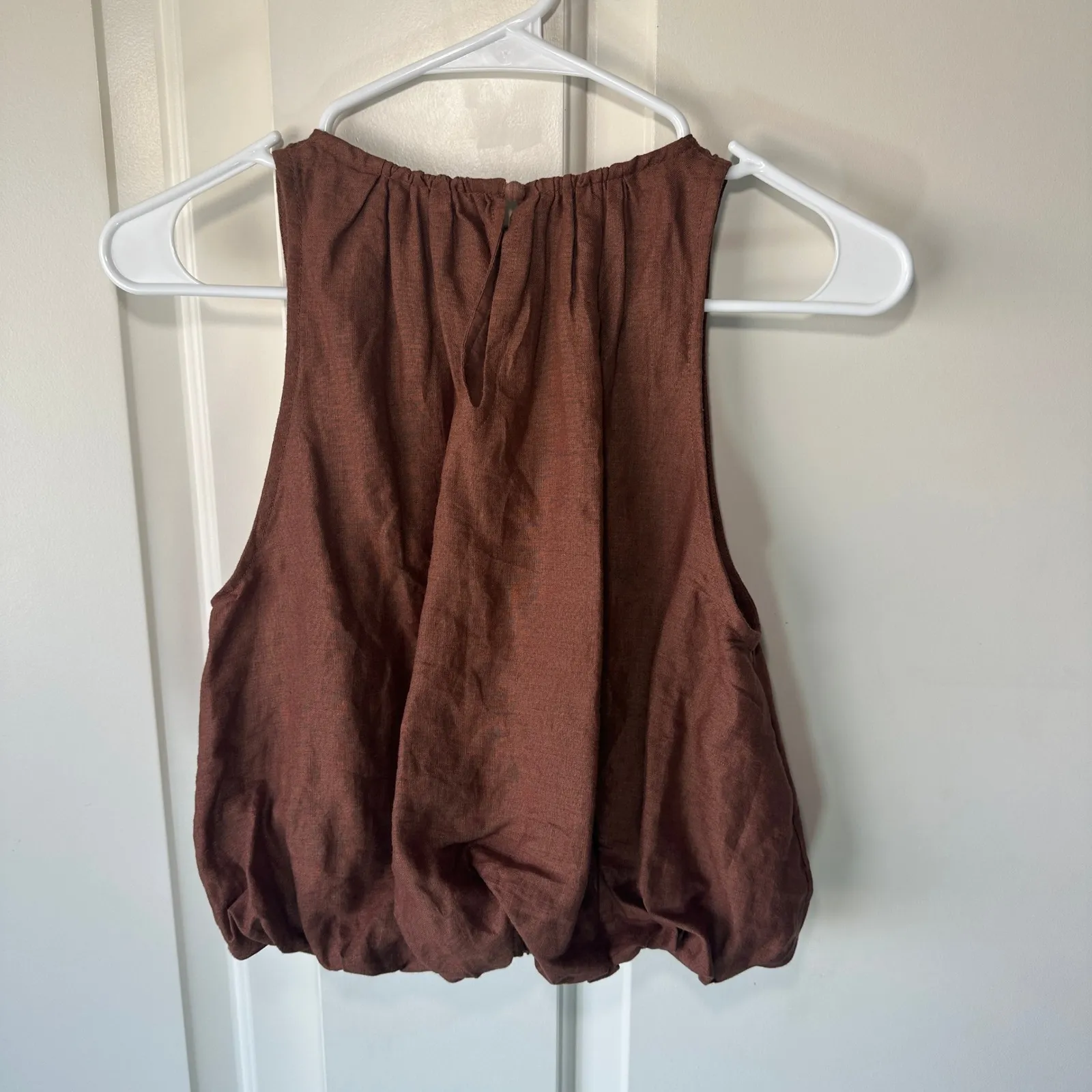 By Anthropologie Linen‎ Bubble Crop Top Brown Pleated Sleeveless Tank Lined XXS - Image 3