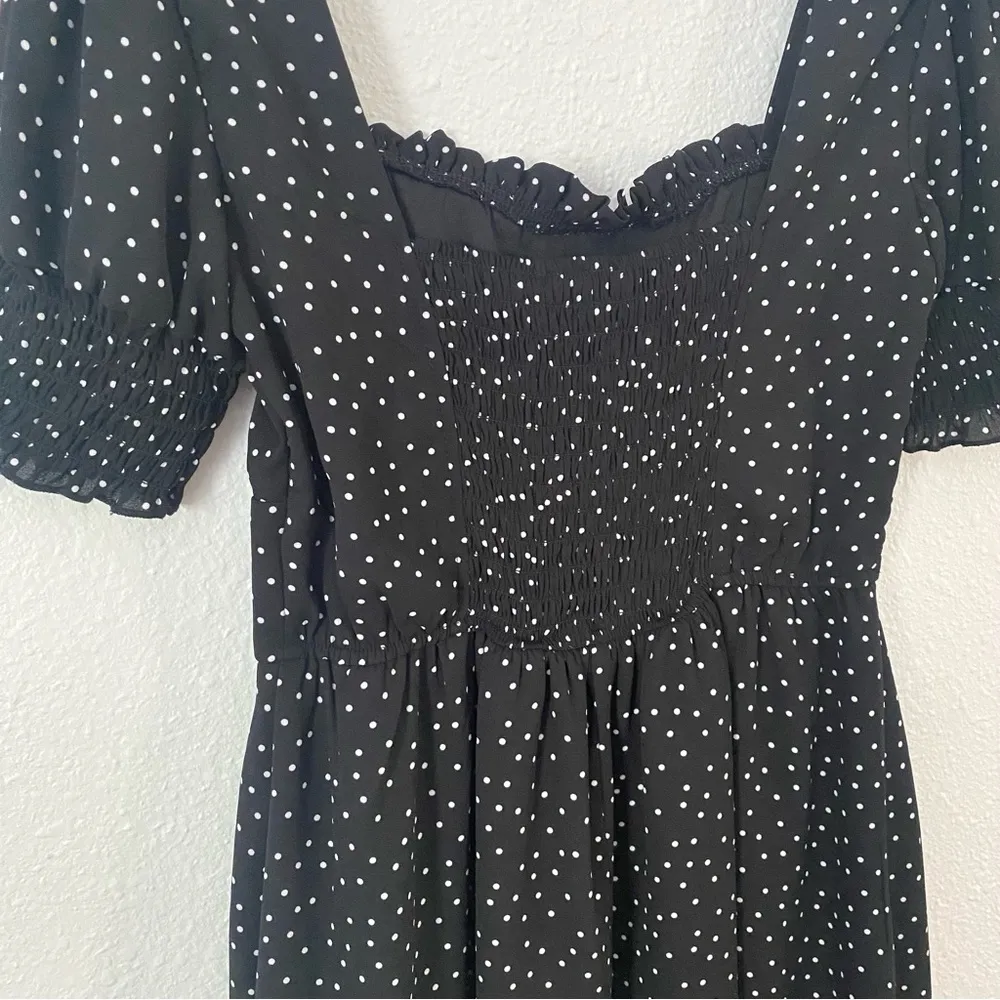 Rixxi black and white ruched polka dot mini cocktail dress size S short sleeve - Image 7