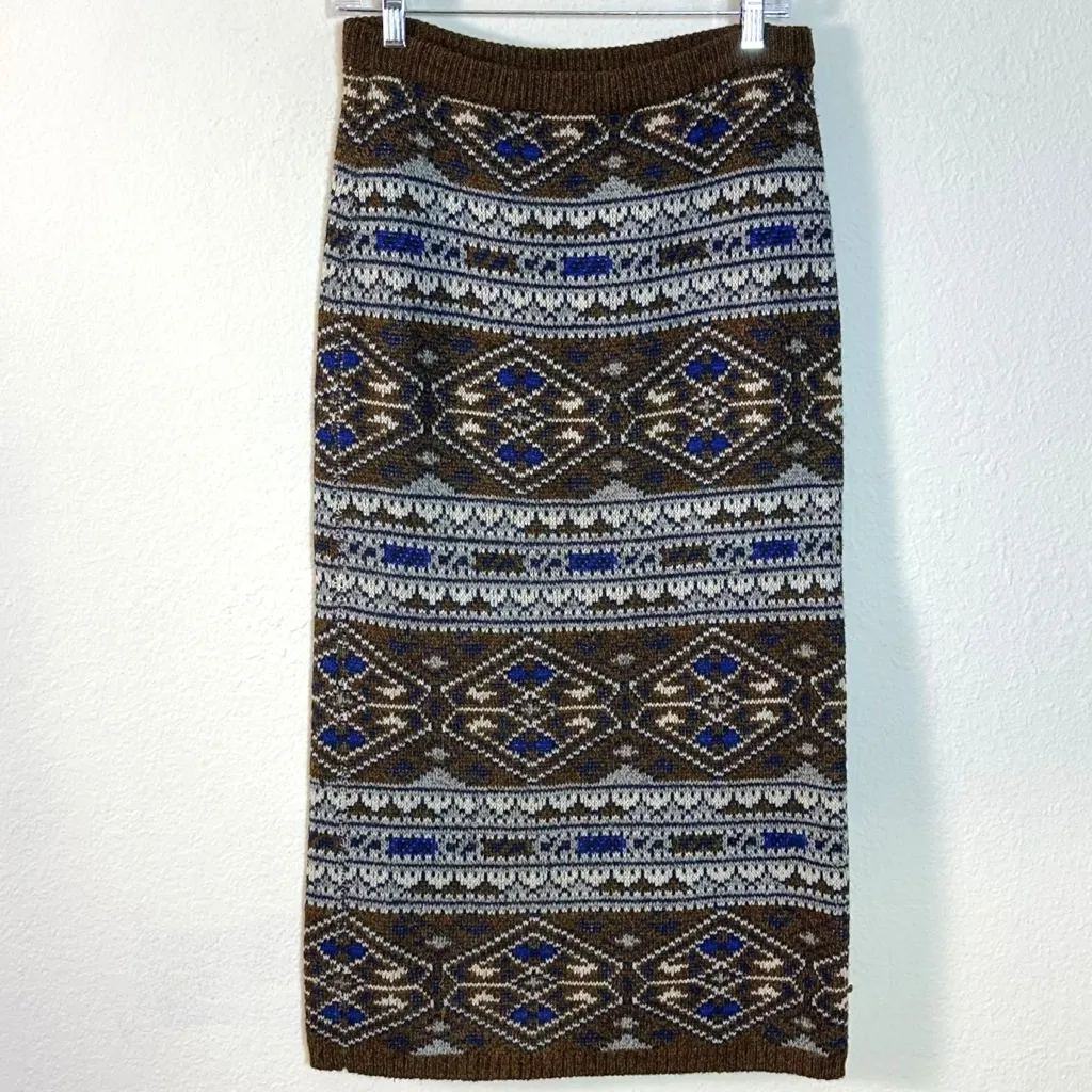 Vintage 70s Wool Acrylic Fair Isle Midi Sweater Skirt Size Small Brown Blue - Image 3