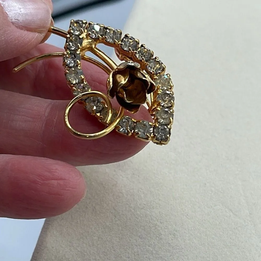 Vintage 3D rose with crystal shaped outline brooch Gold - Image 2