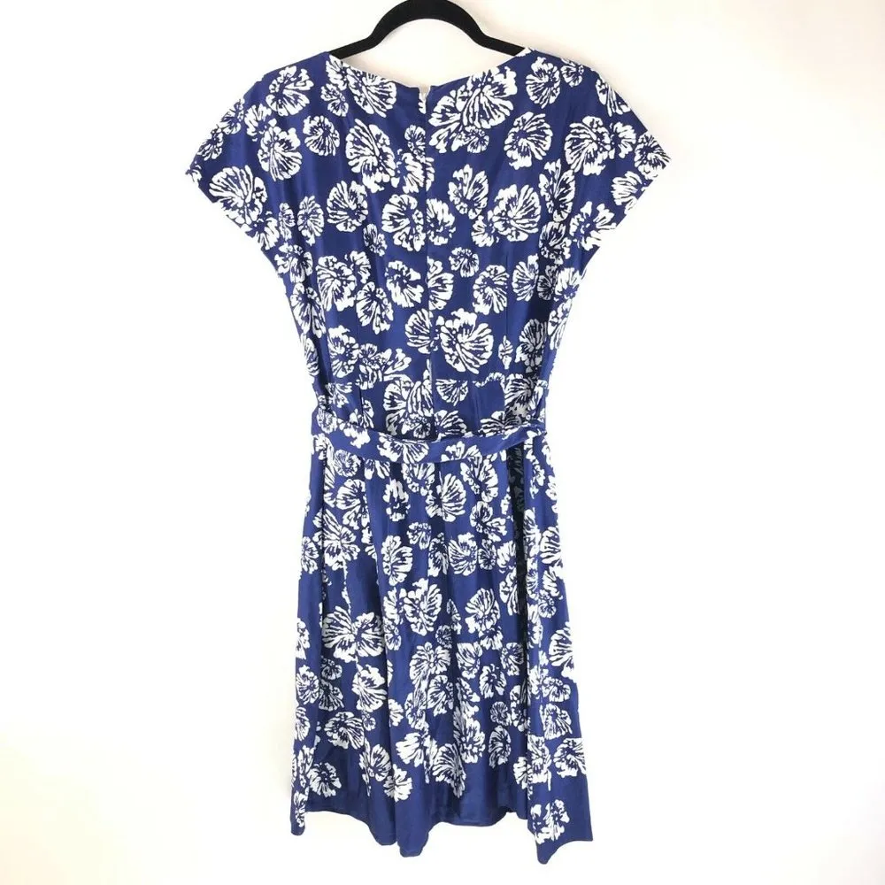 Anne Klein Dress A Line Belted Floral Cotton Blend Short Sleeve Blue White 8 - Image 3