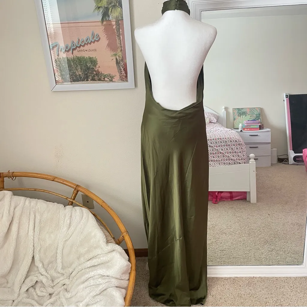 Show Me Your Mumu Jasmine Halter Maxi Dress in Olive Luxe Satin Medium Altered - Image 9