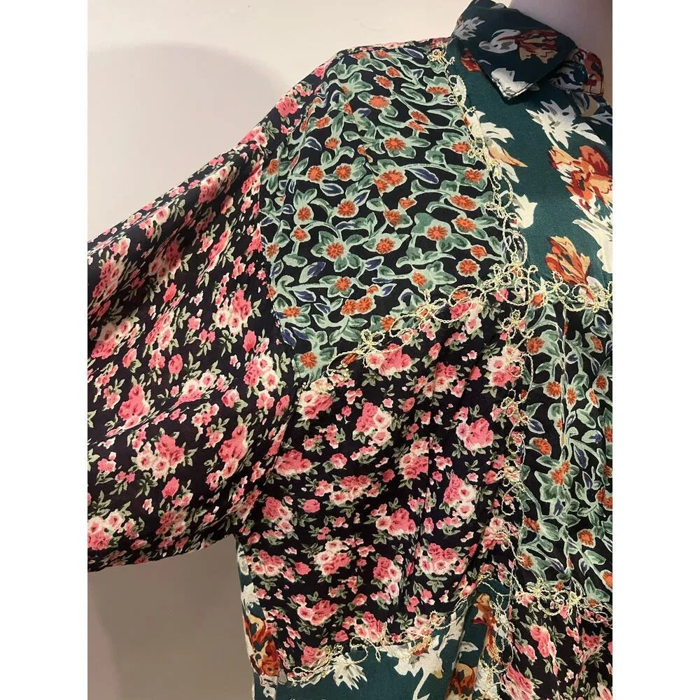 Women’s Vintage Jane Ashley Rayon Boho Western Floral Patchwork Blouse Size L - Image 6