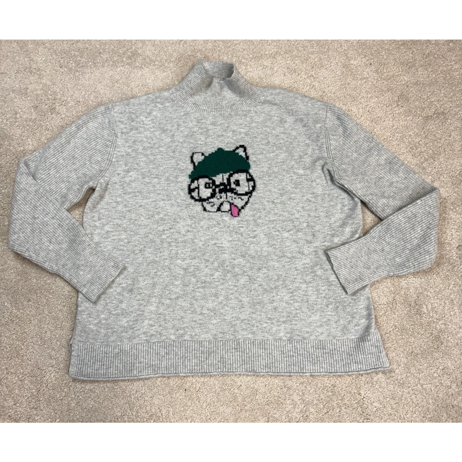 LOFT French Bulldog Mock Neck Gray Cotton-Blend Sweater Size M - Image 2