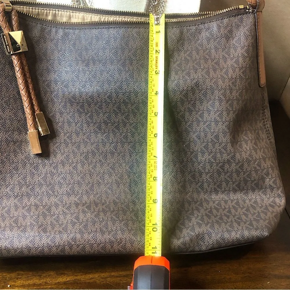 MICHAEL KORS Brown Logo Top Zipper Close Shoulder Bag w Braided Shoulder Strap - Image 4