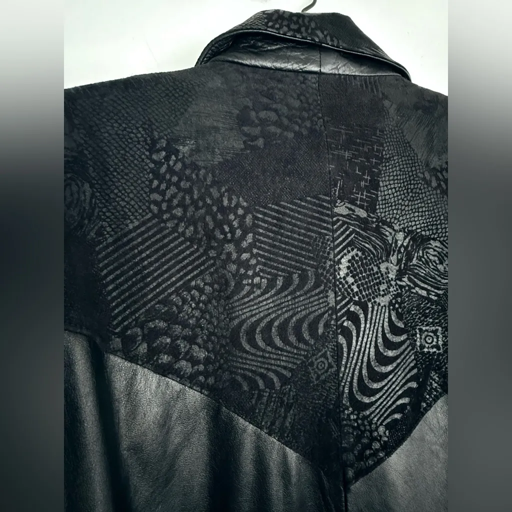 Vintage 80s Pelle Black Leather Trench Coat Shoulder Pads Suede Embossed Trim M Size M - Image 11