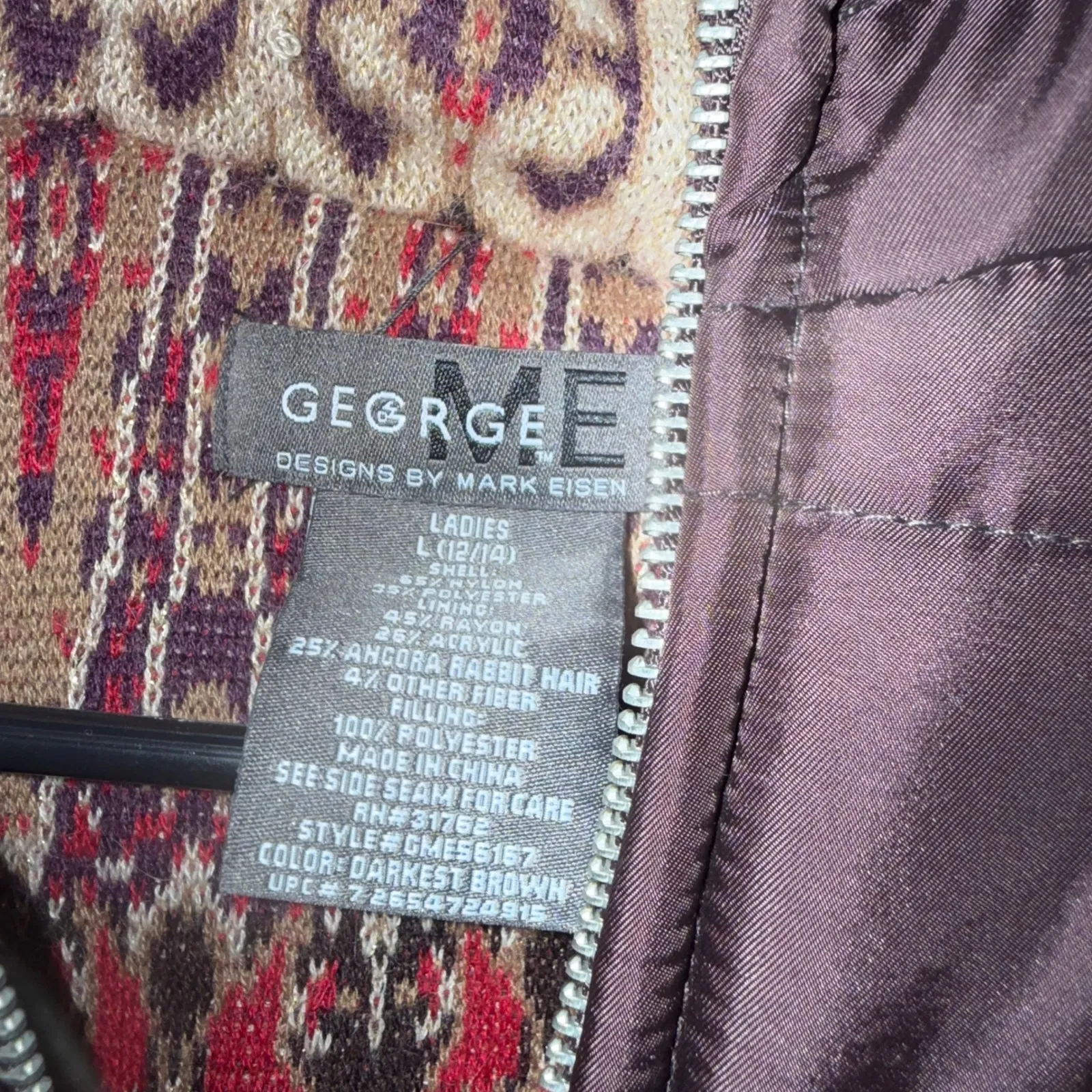George Design Vintage Y2k Quilted Puffer Vest Hooded Chocolate Brown L Fair Isle Size L - Image 3