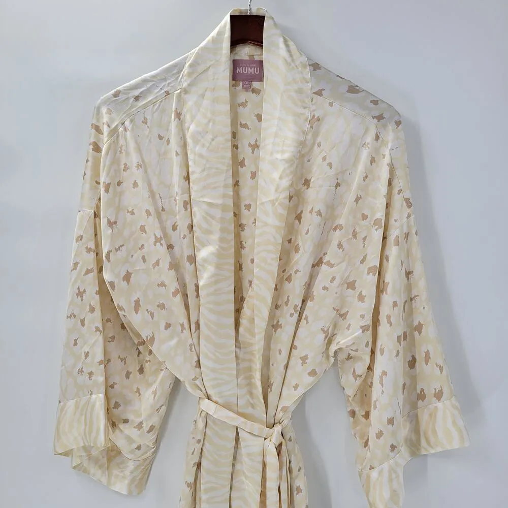 Show Me Your Mumu Robe OS Cream Tan Animal Print Silky Kimono Wrap Belted - Image 9