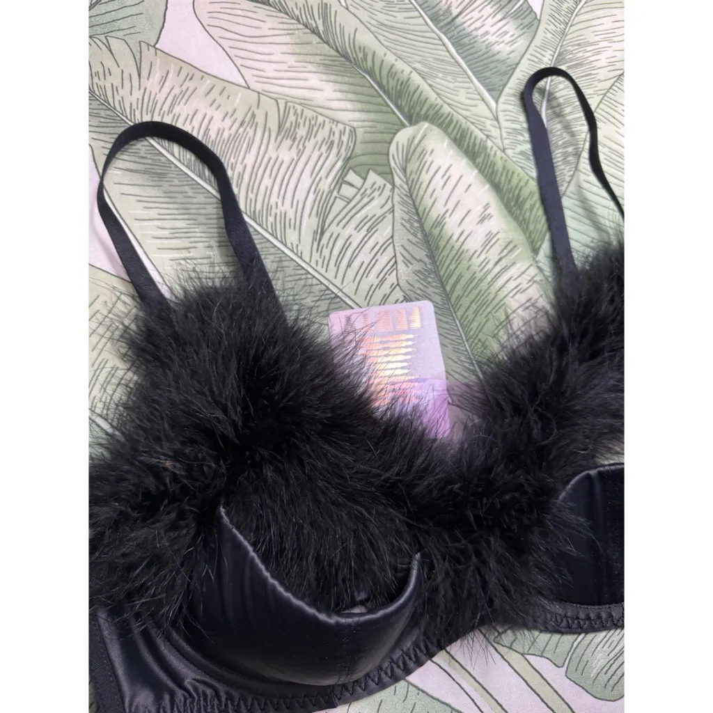Savage X Fenty Black Marabou Feather Satin Balconette Bra Open Cups Size 38C - Image 6