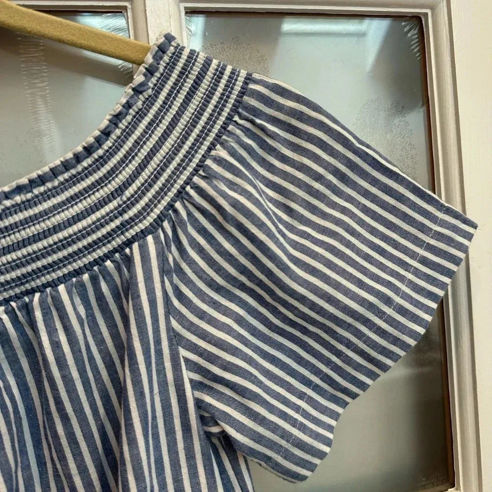J. Crew Blue & White Linen Blend Striped Off The Shoulder Dress Size 0 XS - Image 6