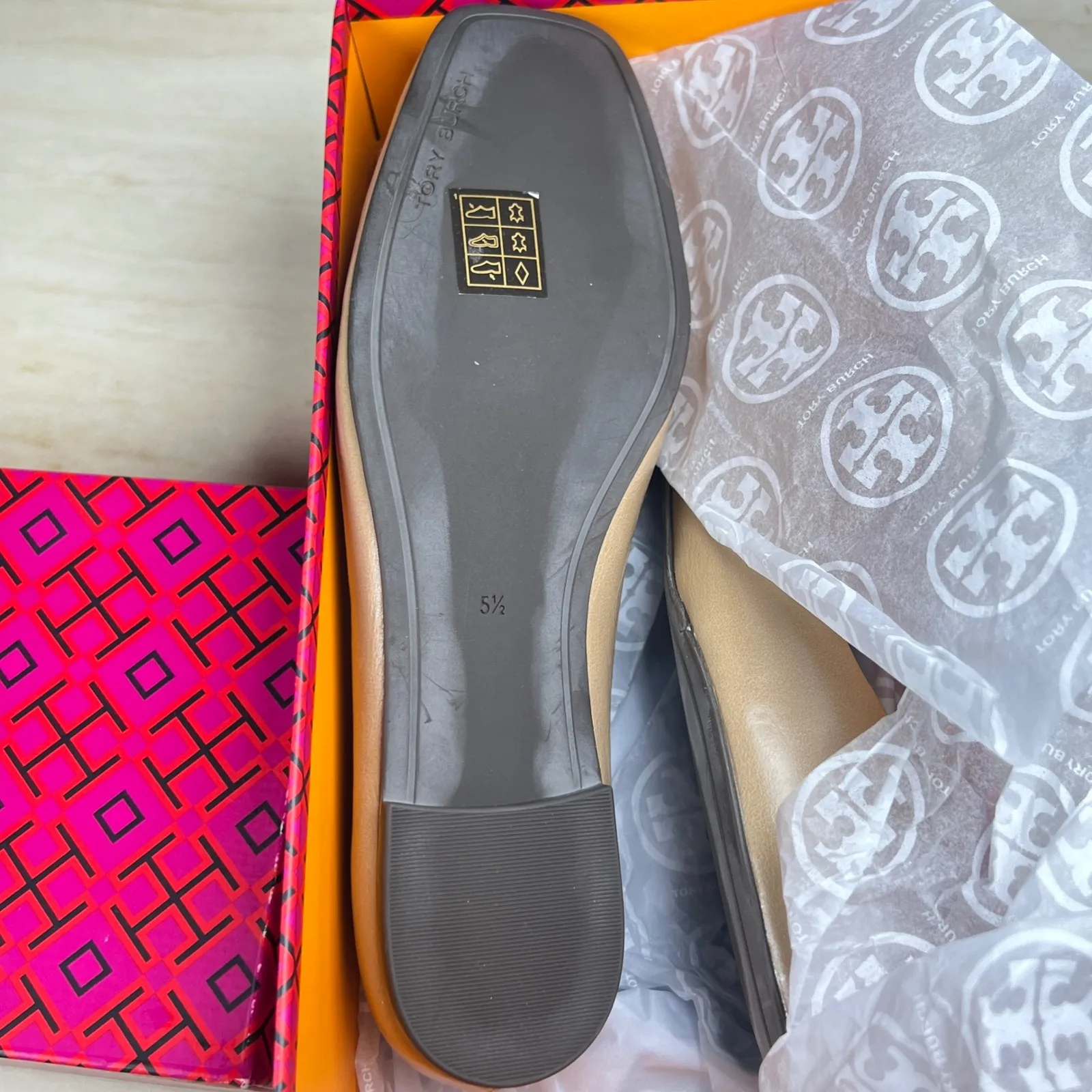 Tory Burch Georgia Ballet Flats Bright Almond Leather Square Toe Women Size 5.5 - Image 8