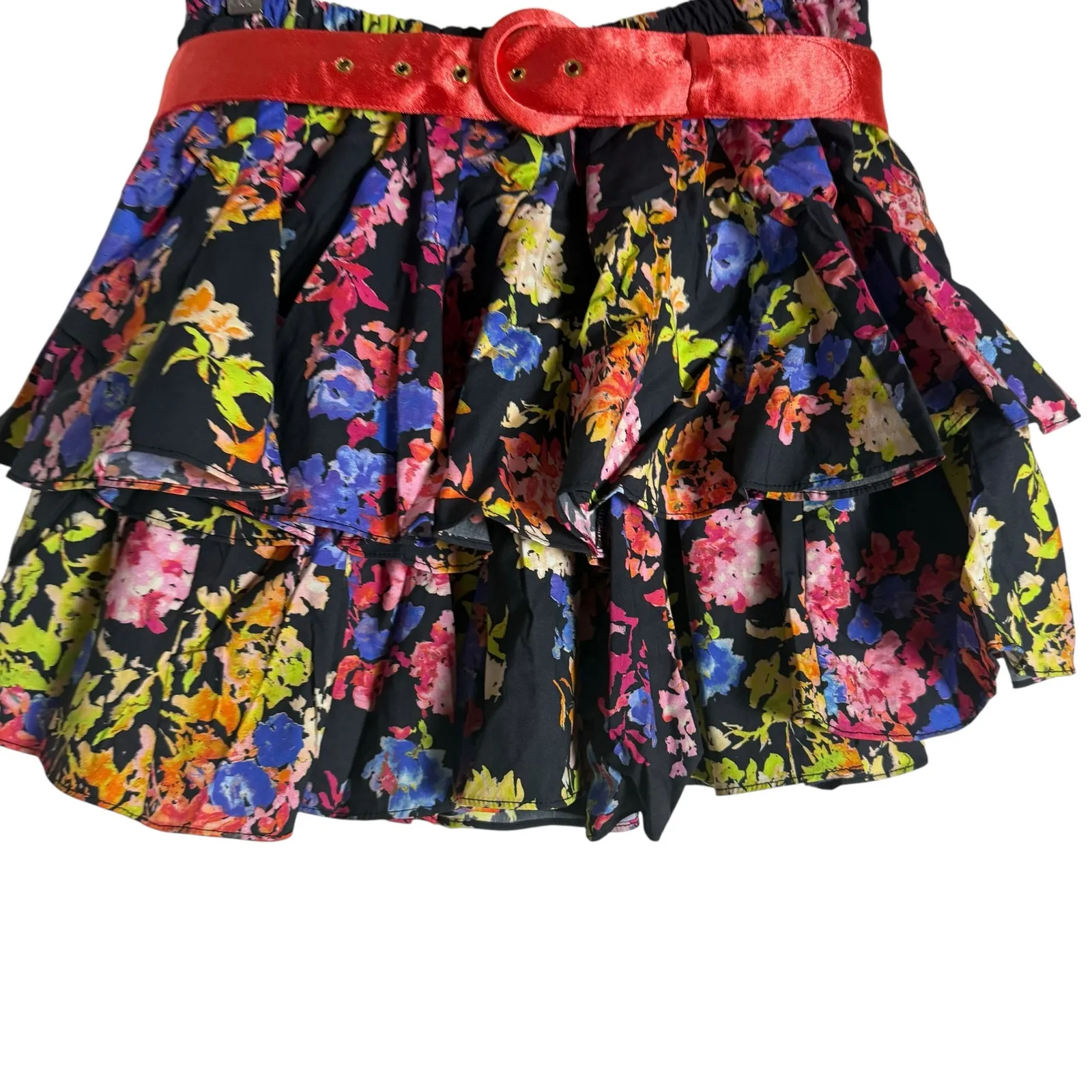 Caroline Constas Reign Black Multi Floral Tiered Ruffle Belted Mini Skirt M Size M - Image 5