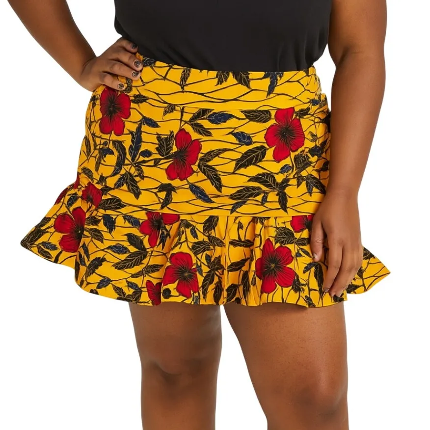 Grassfields GF Yellow Black Red Floral African Mini Ruffle Skirt Plus Size 24 - Image 2